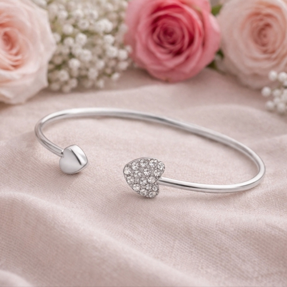 Silver Heart Open Cuff Adjustable Bangle Bracelet with Pave` Crystal Accents